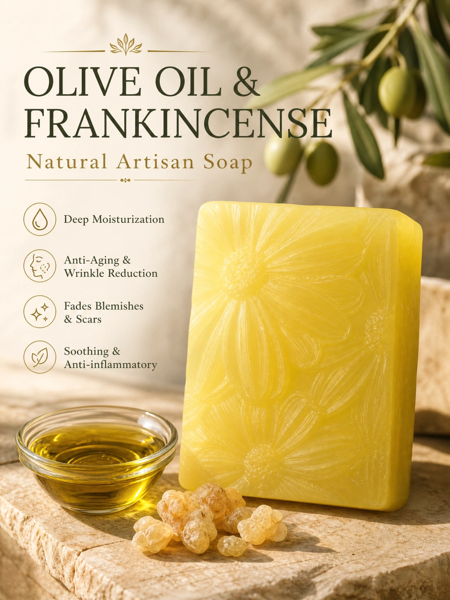 Olive Oil & Frankincense artisan soap bar with olive oil and frankincense resin