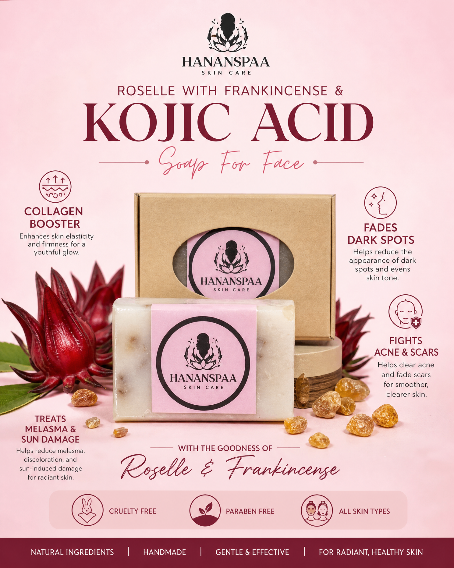 Hananspaa Roselle with Frankincense & Kojic Acid soap